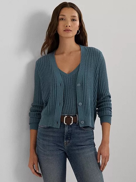 Ribbed V-Neck Tank And Button Cardigan Set - Teal Blue